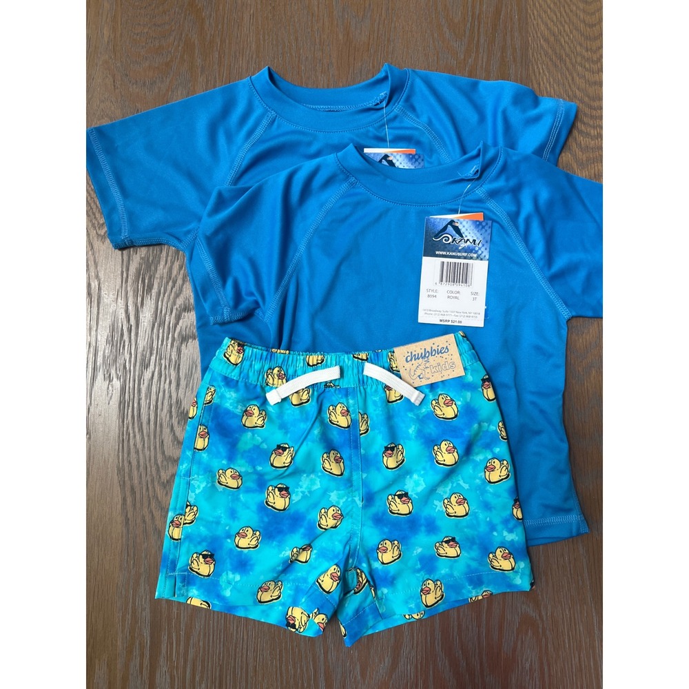 Kanu Surf Chubbies Kids Swim Set 3T Royal Blue Rash Guards Rubber Duckie Trunks